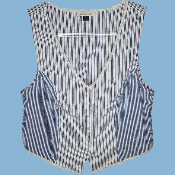 American Eagle Striped Sleeveless Top Size L Blue Smock Cottage Festival Vest - Picture 1 of 16